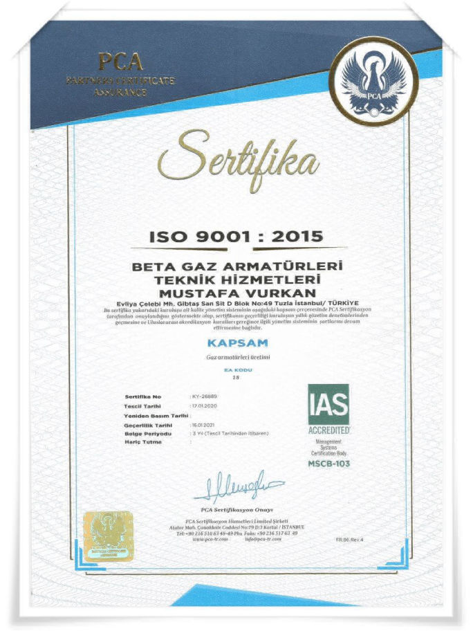 ISO 9001 Hizmet Kalite Sertifikası - Beta Gaz Armatürleri Servisi - Tel: (216) 374 36 69