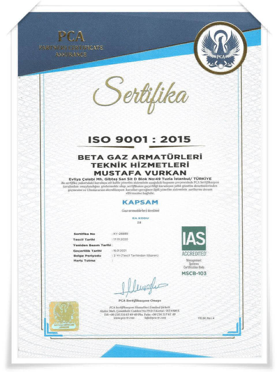 İSO9001 Hizmet Kalite Belgesi - Beta Gaz Armatürleri Servisi - Tel: (216) 374 36 69